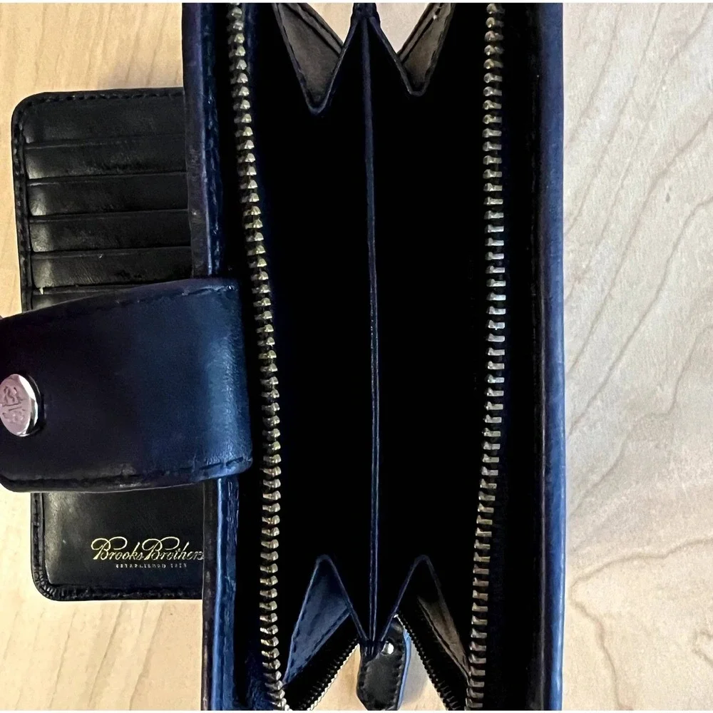 Vintage‎ Brooks Brothers Men's Black Leather Tri Fold Wallet Zip Coin Pocket